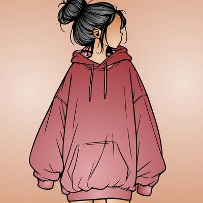 realistic girl with a oversized sweatshirt on and a bun
