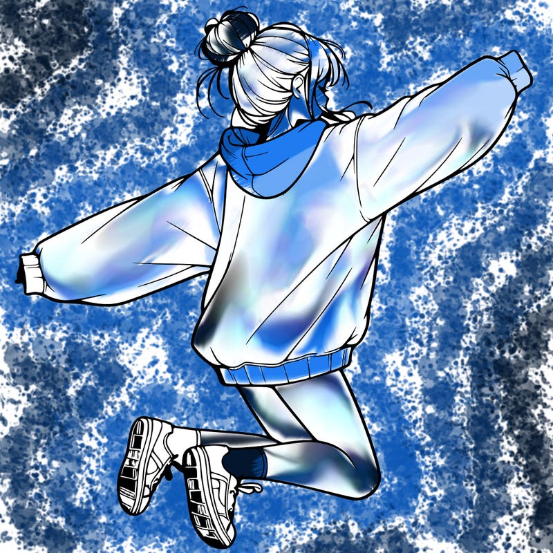 realistic girl jumping with a bun and oversized sweatshirt