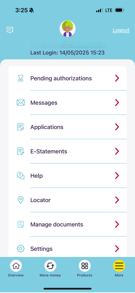 ANSA Bank Mobile - Una captura de pantalla del menú Más de la aplicación ANSA Bank Mobile que muestra opciones para mensajes, extractos electrónicos, ayuda y configuración.