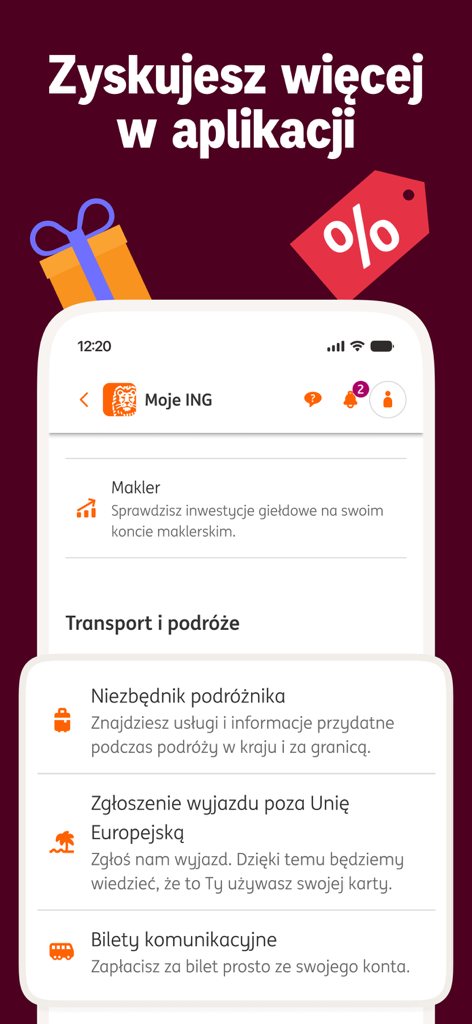 Benutzeroberfläche der Moje ING App mit Reise- und Transportfunktionen, einschließlich Fahrkarten für den öffentlichen Nahverkehr und Reisemeldungen