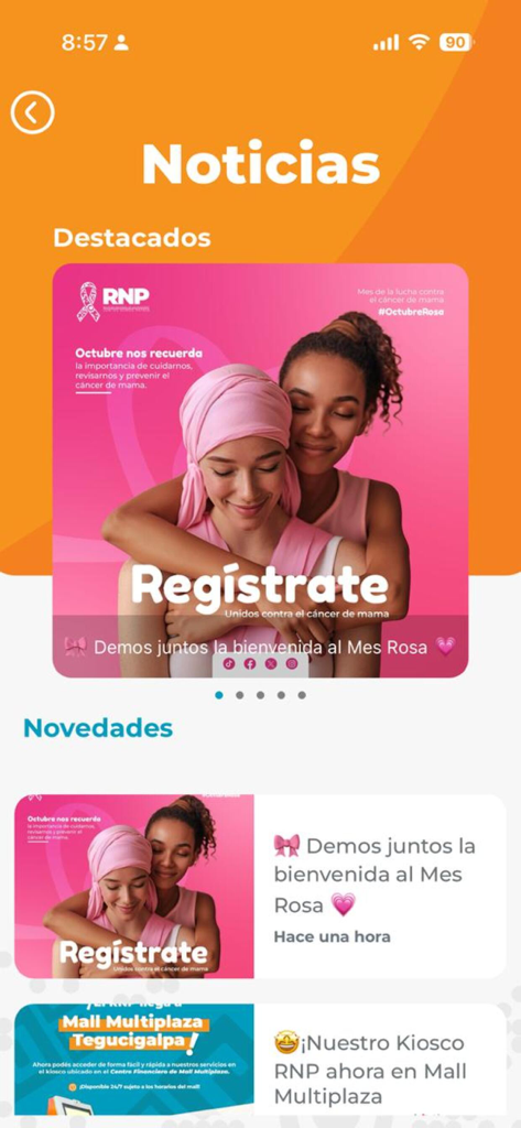 RNP MOVIL - News and updates screen of the RNP Movil app for Honduran citizens