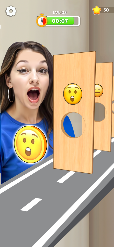 A mini game level from Crazy Challenge where a surprised emoji must navigate through holes in moving wooden walls