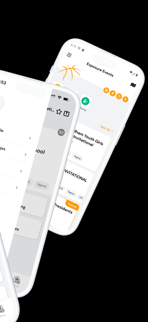 Schermate dell'app mobile di Exposure Events che mostrano calendari e classifiche di tornei sportivi giovanili.