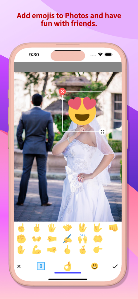 Interface of the Snap Markup app showing a heart-eyes emoji placed over a bride's face with a selection of hand emojis below.