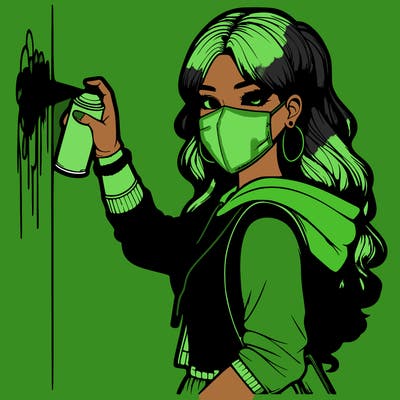 realistic girl with mask spray painting a wall