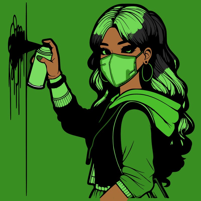 realistic girl with mask spray painting a wall