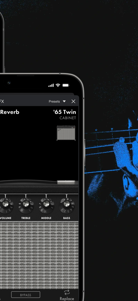 Fender Studio: Jam & Record - Fender Studio app interface showing 65 Twin Reverb amp controls