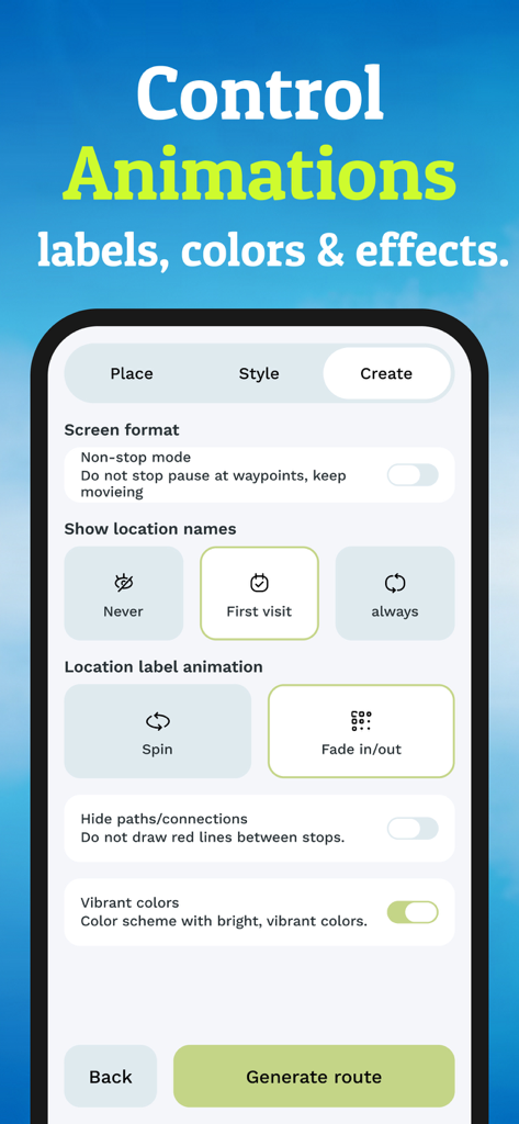 Settings screen in Travel Animator app for customizing map labels and animation effects