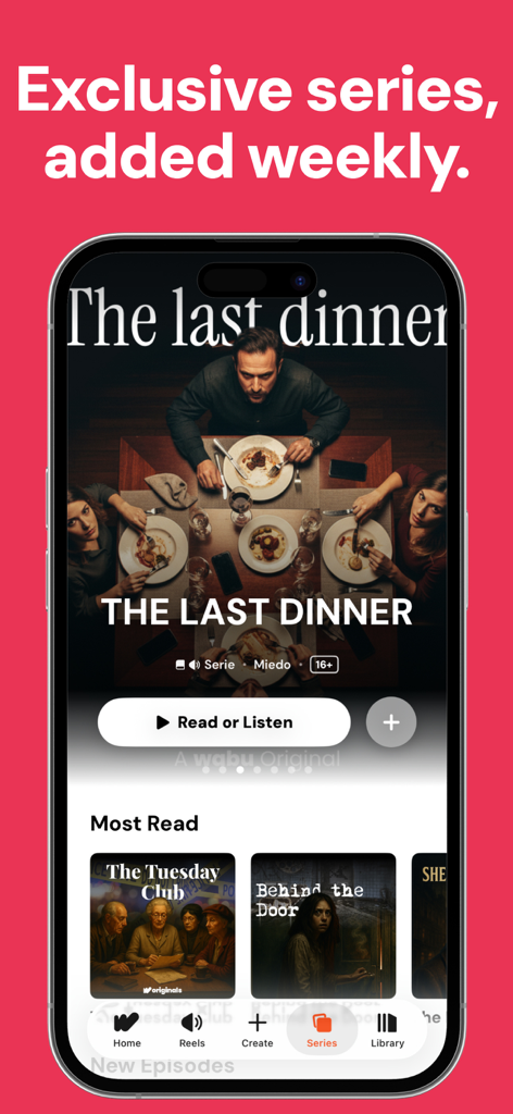 Smartphone screen displaying the Wabu app featuring exclusive short stories and series