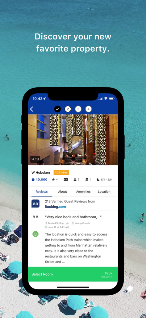 40,000マイルのリワードとゲストレビューが表示されたホボーケンのホテル詳細を表示するRocketmilesアプリインターフェイス。