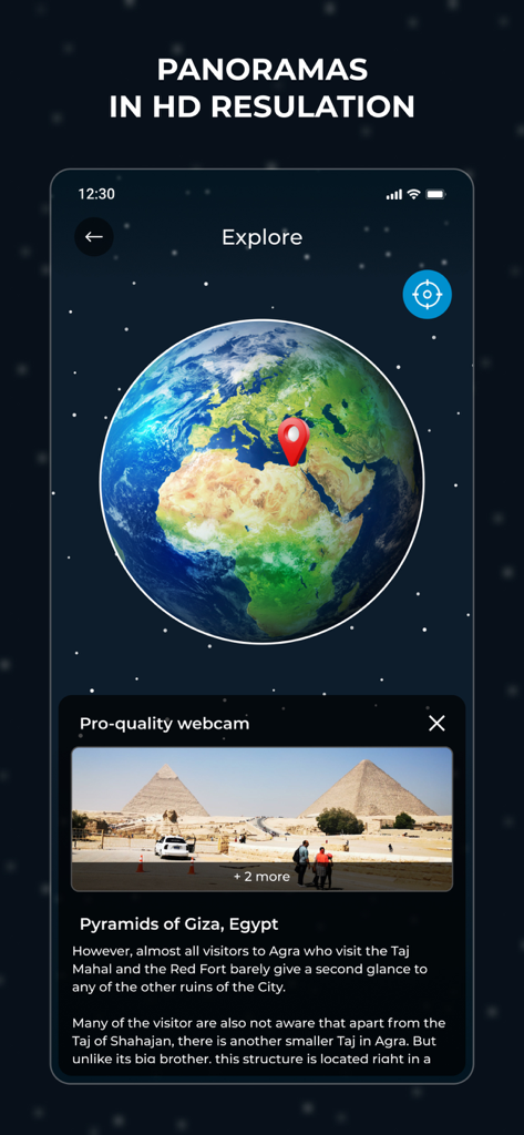 3D globe interface showing a location pin on Egypt with a panoramic view of the Pyramids of Giza.