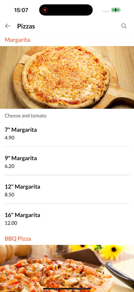 Kfs Fast Food - Una pantalla de menú en la aplicación Kfs Comida Rápida que muestra diferentes tamaños y precios para una pizza Margarita