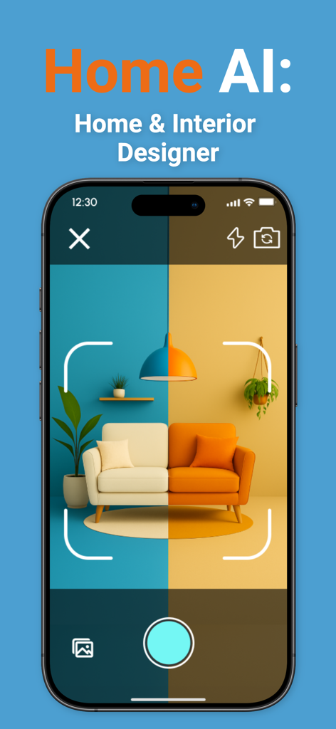 Home AI: Home Design & Garden - Smartphone screen showing the Home AI app interface with a split-screen room redesign in teal and yellow