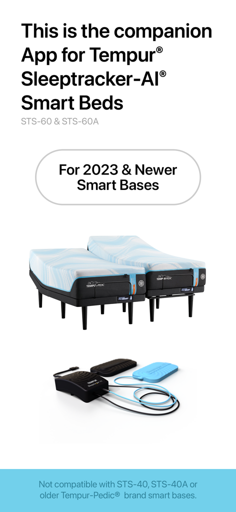 Introductory screen showing compatibility for the Tempur Sleeptracker AI companion app with 2023 and newer smart bases