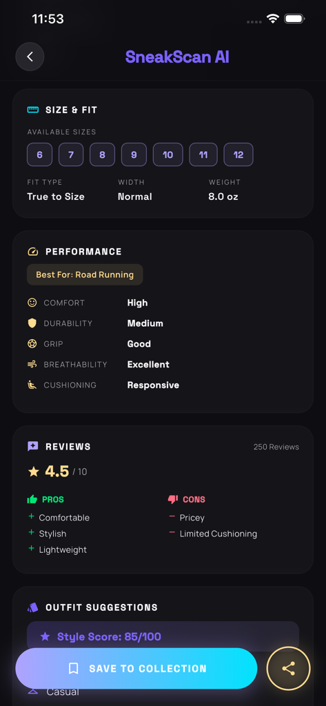 Sneaker Scanner app interface showing shoe specifications performance metrics and user reviews