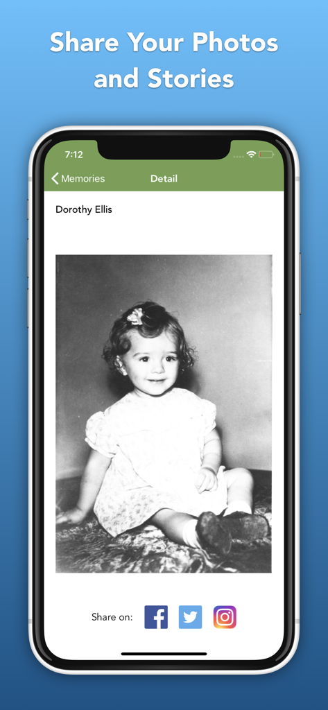 Memories Book app interface displaying a vintage black and white photo of an ancestor with social media sharing buttons