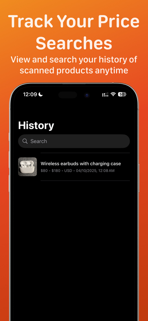 Price Identifier: Scan & Check - A smartphone screen showing the history of scanned products and their price ranges in the Price Identifier app.