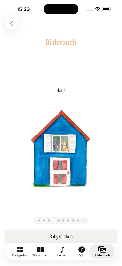 Babyzeichen Zwergensprache - Illustrated blue house in the picture book section of the Babyzeichen Zwergensprache mobile app
