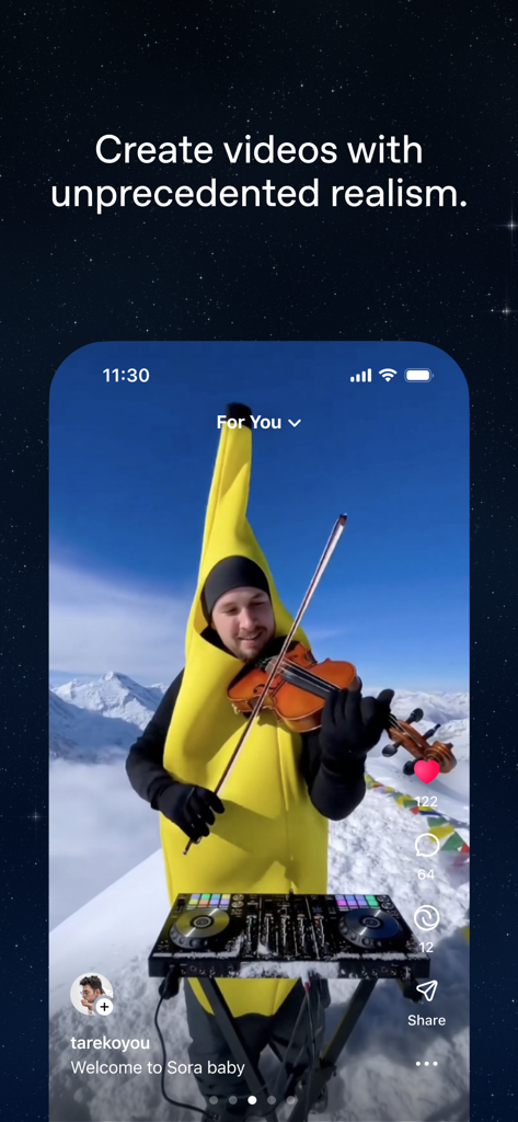 Un video iperrealistico generato dall'IA nell'app Sora che mostra un uomo in un costume da banana che suona il violino e fa il DJ su una montagna innevata.