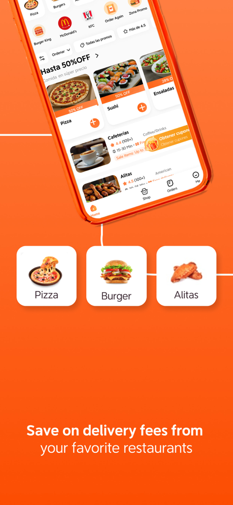 DiDi Rider app screen featuring food delivery options for pizza burgers and wings with savings on delivery fees