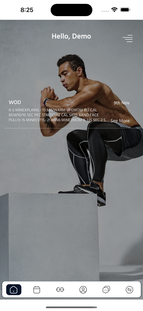 Pantalla de inicio de la aplicación MyClub Fitness mostrando el entrenamiento del día y el menú de navegación inferior