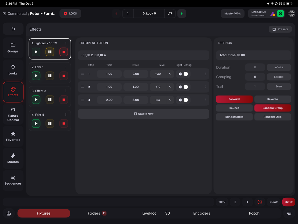 Blackout Lighting Console - Effects programming interface in the Blackout Lighting Console app showing step-by-step lighting controls and fixture settings