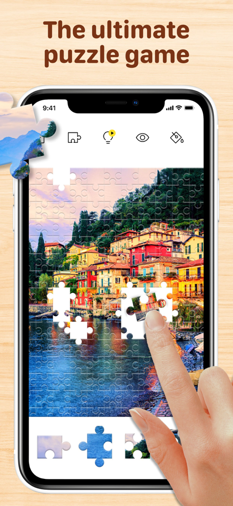 Jigsaw-Puzzle Pop - A person solving a colorful coastal town jigsaw puzzle on a smartphone screen