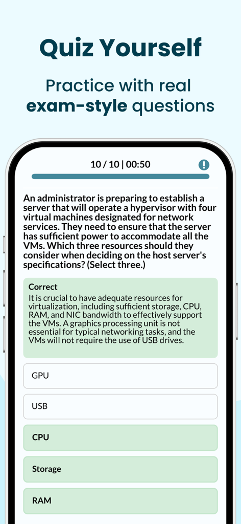 CCNA Practice Tests 2026 - Interface do aplicativo móvel mostrando uma questão prática do exame CCNA com explicações detalhadas para as respostas corretas.