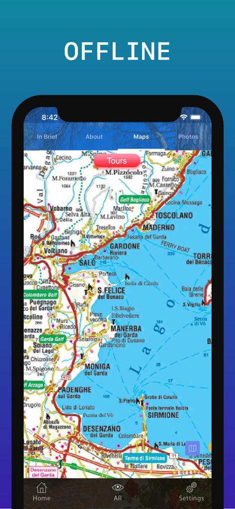 Lake Garda Travel Guide - Screenshot of the Lake Garda Travel Guide app showing an offline map of the lake and surrounding towns like Sirmione and Gardone Riviera