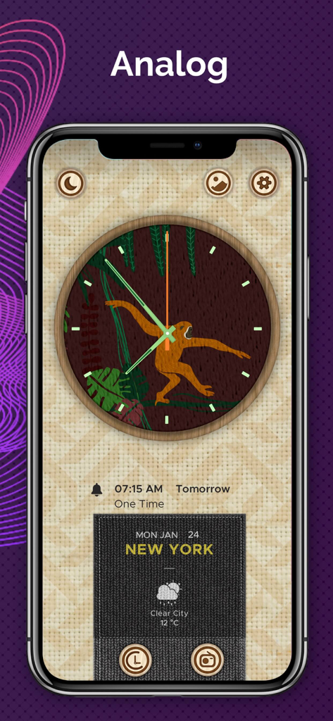 Alarm Clock Radio & Reminders - Tela de smartphone exibindo um despertador analógico com uma ilustração de macaco e informações meteorológicas