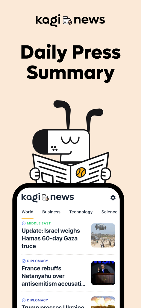 Kagi News app home screen showing a daily press summary with global news headlines and a minimalist design.