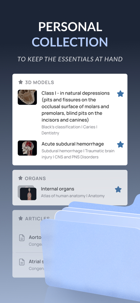 VOKA 3D Anatomy & Pathology - Screenshot of the VOKA 3D Anatomy app personal collection feature displaying saved medical models and articles