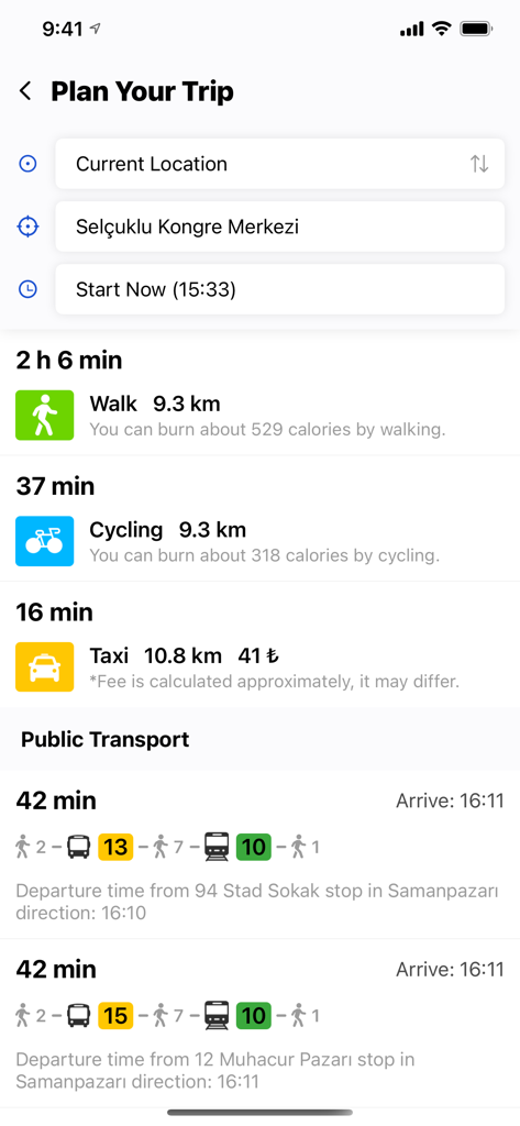 Trip planning screen in Konya City Guide app showing various transportation routes including walking cycling and bus options