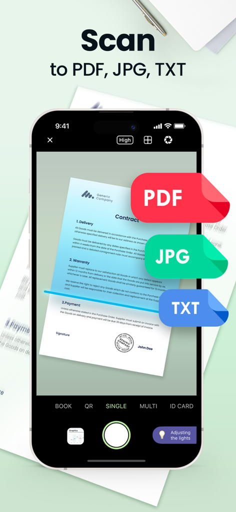 Tela de smartphone mostrando o aplicativo Scan Hero digitalizando um contrato nos formatos PDF, JPG e TXT