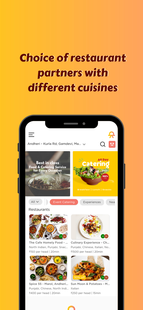 CloudKitch Food@Work - CloudKitch Food@Work mobile app interface displaying a diverse range of restaurant partners and catering options for corporate and co-working environments.