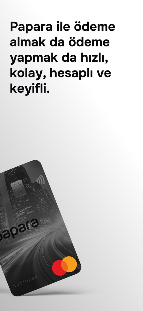 Papara Ticari - A black Papara Ticari business Mastercard with a city skyline design and Turkish marketing text about fast payments