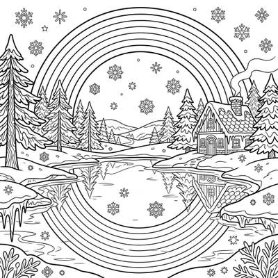 Discover the magic of a winter wonderland where vibrant reflected rainbows meet snowy serenity. This unique coloring page offers an engaging artistic journey into a peaceful, frosty landscape.