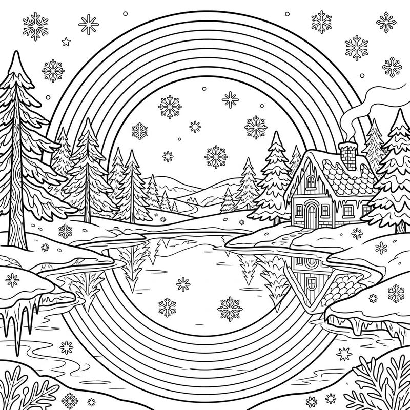 Discover the magic of a winter wonderland where vibrant reflected rainbows meet snowy serenity. This unique coloring page offers an engaging artistic journey into a peaceful, frosty landscape.