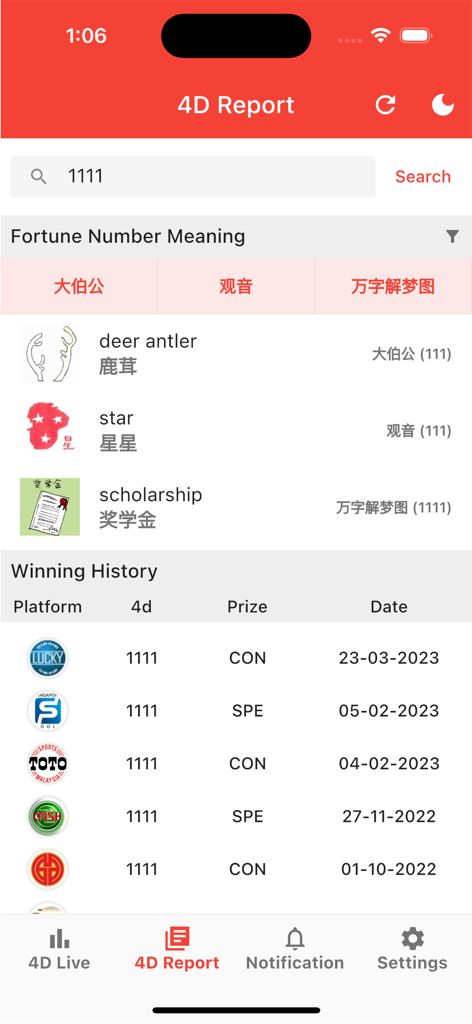 Live 4D@MY - Live 4D lottery app displaying number meanings and winning history for 1111