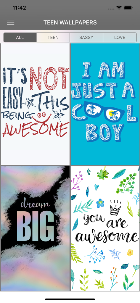 Galería de la aplicación Teen Wallpapers con varios fondos estéticos y de citas.
