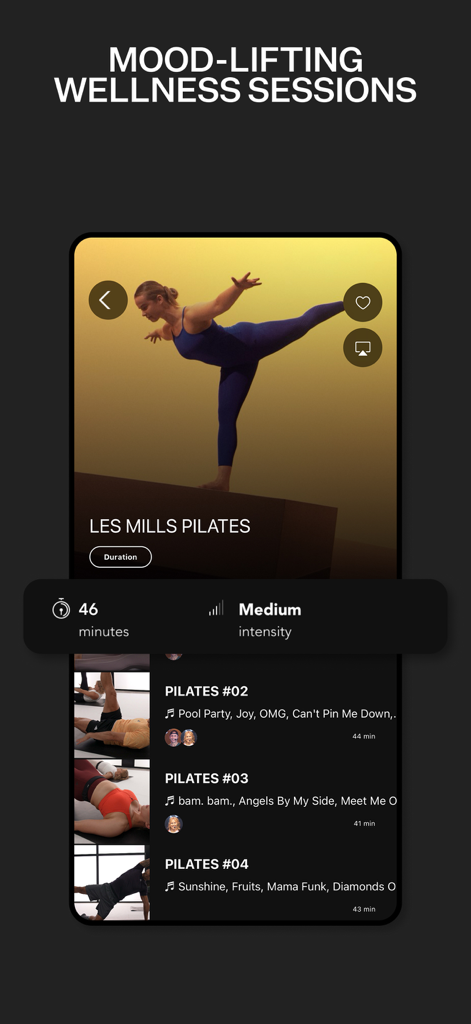 Les Mills Plus app interface featuring a mood lifting Pilates workout session