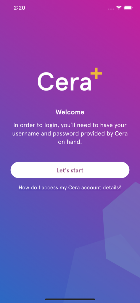 Cera Care - Cera Care app welcome screen with login instructions and a Let's start button on a purple gradient background