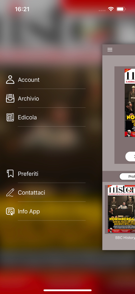 Sprea History - Navigation sidebar of the Sprea History app featuring menu options like account archive and newsstand