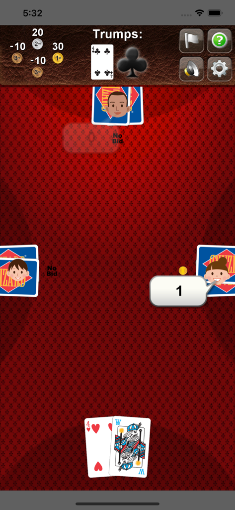 Tela de jogo do Wizard mostrando jogadores dando lances e a carta de trunfo em uma mesa digital vermelha.