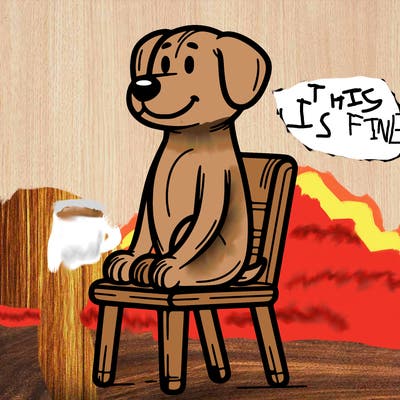 a dog facing right on a chair sitting like a human