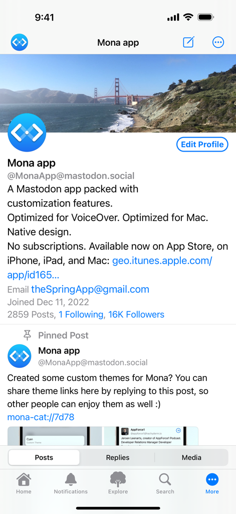 Mona Classic - Mona Classic app profile screen displaying its Mastodon account bio and features