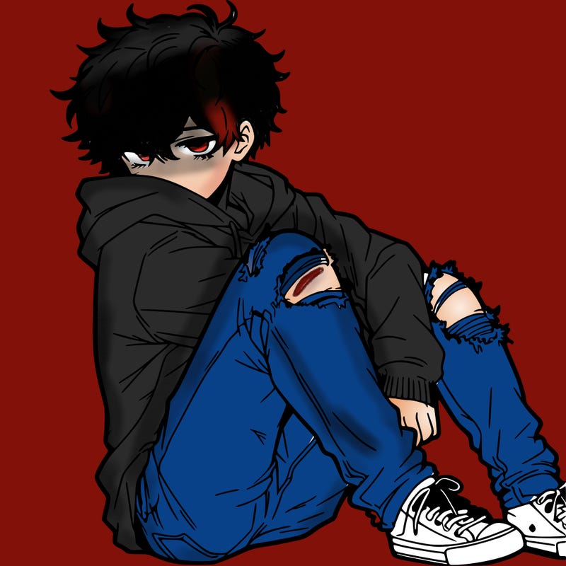 a male hoddie ripped jeans messy hair anime