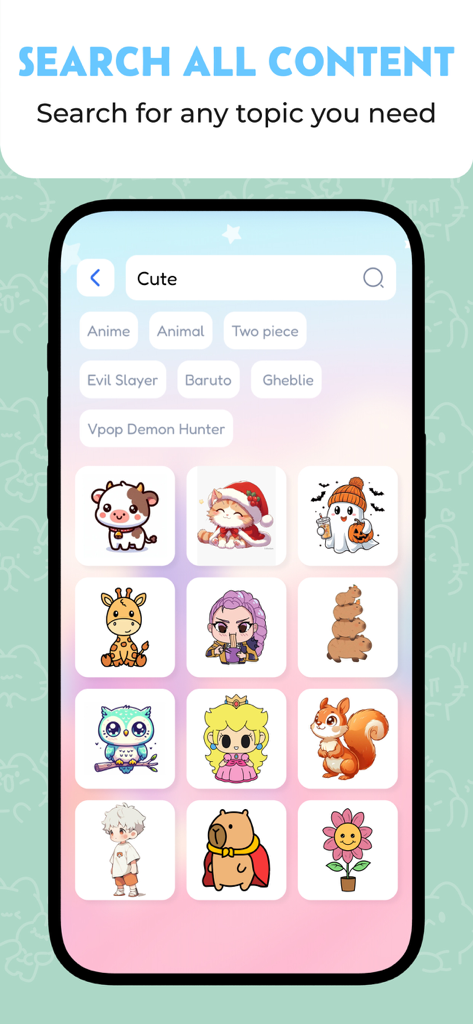 Artflow: AR drawing & Paint - Pantalla de búsqueda de la app Artflow mostrando una cuadrícula de lindas plantillas de dibujo, incluyendo personajes de anime y animales.
