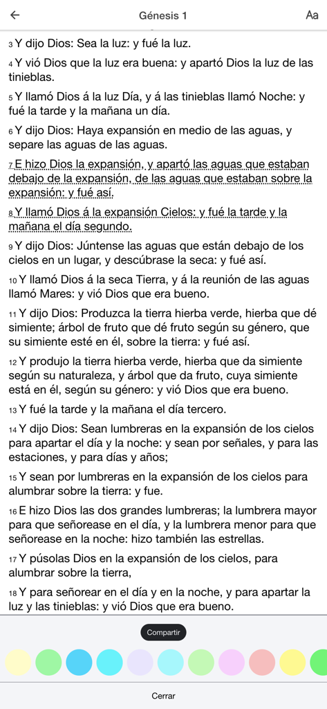 Biblia Reina Valera Santa 1960 - Mobile app reading view of Genesis 1 in Spanish from the Biblia Reina Valera 1960 with text highlighting and sharing features.
