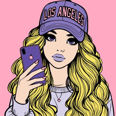 realistic beautiful girl wearing los ángeles cap holding an iphone